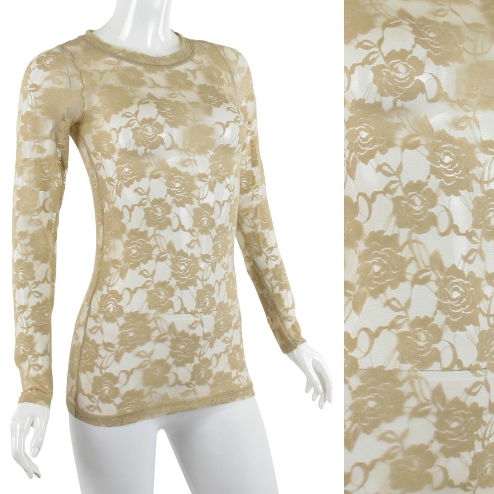 Lace long sleeve shirt khaki tan top blouse S M L new